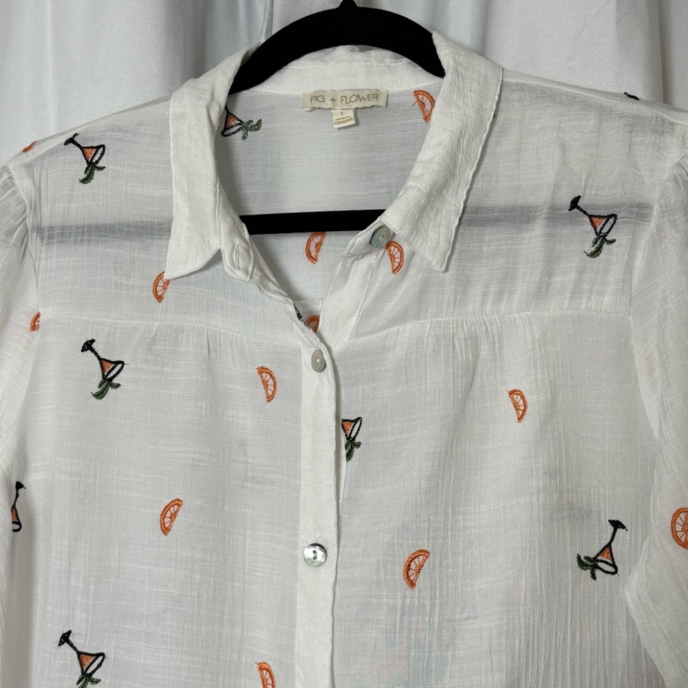 Fig + Flower Novelty Cocktail Embroidered Button Front Shirt Large - Picture 4 of 13